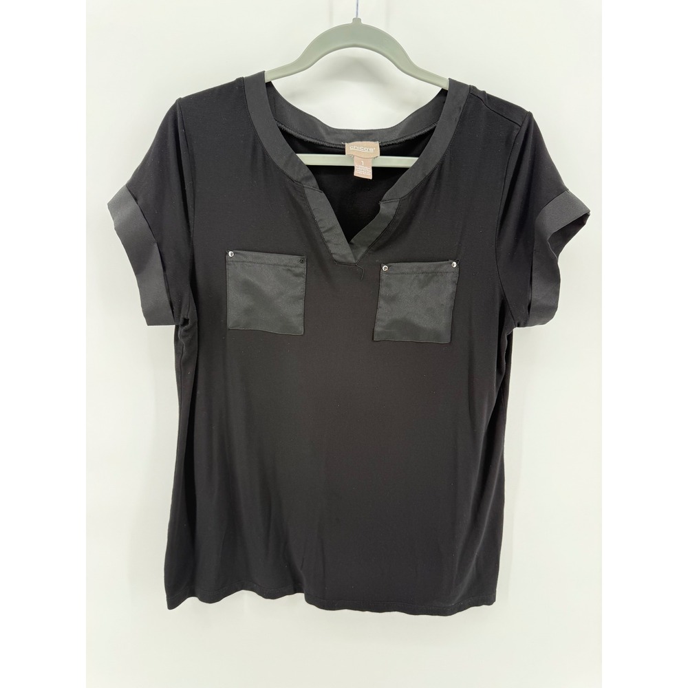 Chicos Black Mixed Media Satin Trim V-Neck Short‎ Sleeve Knit Top Size 1 M